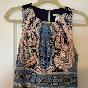 Maxi dress, muted colors blues,salmon,tan. One button closure on back.Highwaist